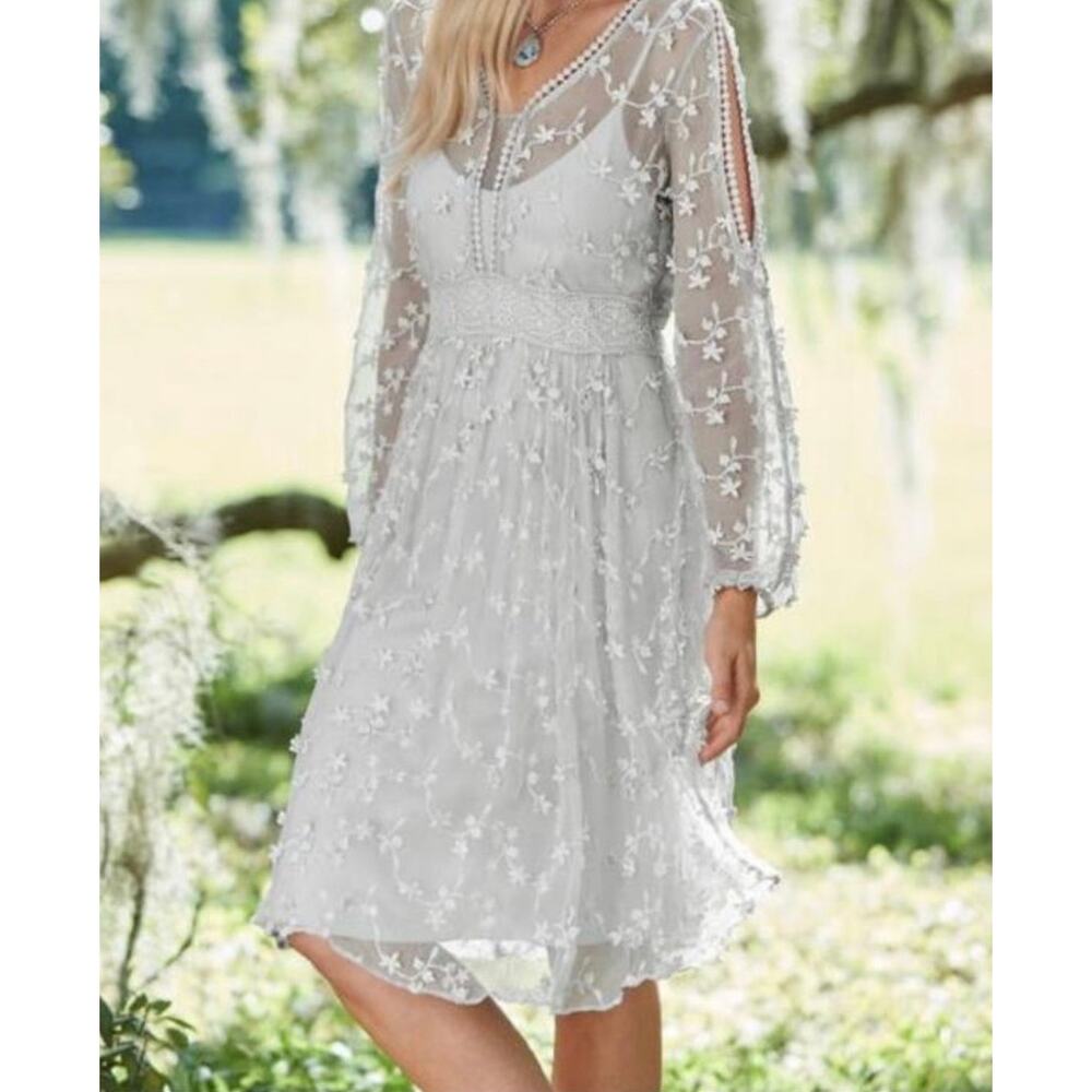 Sundance Platinum Gray Sheer Embroidered Floral Lace Peasant Dress Cottage 12